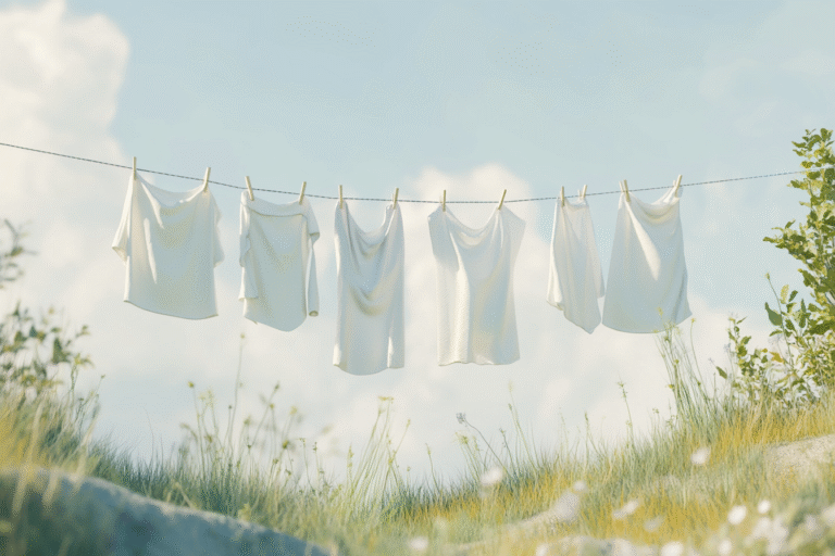 Linge qui sèche à l'extérieur, pendu à un fil avec des pinces à linges