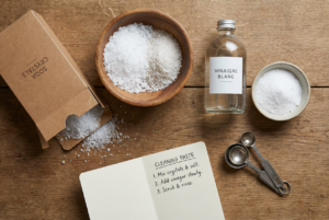 Ingrédients naturels pour ménage écologique : cristaux de soude , bouteille de vinaigre blanc, sel et carnet de recettes efficaces.