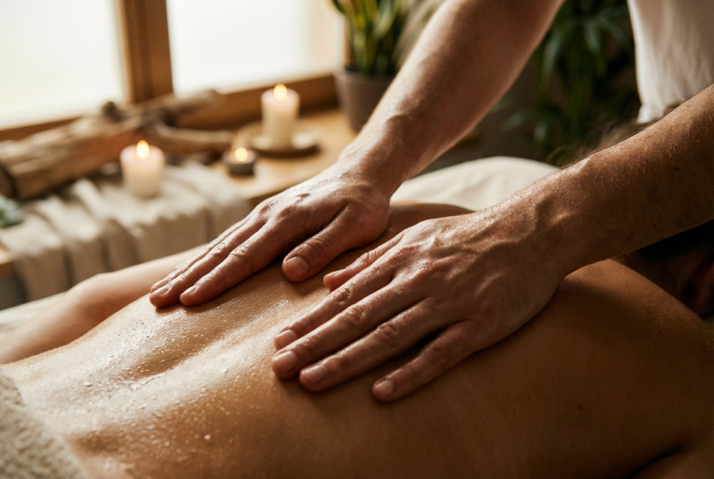 Massage relaxant du dos effectué par un professionnel à domicile