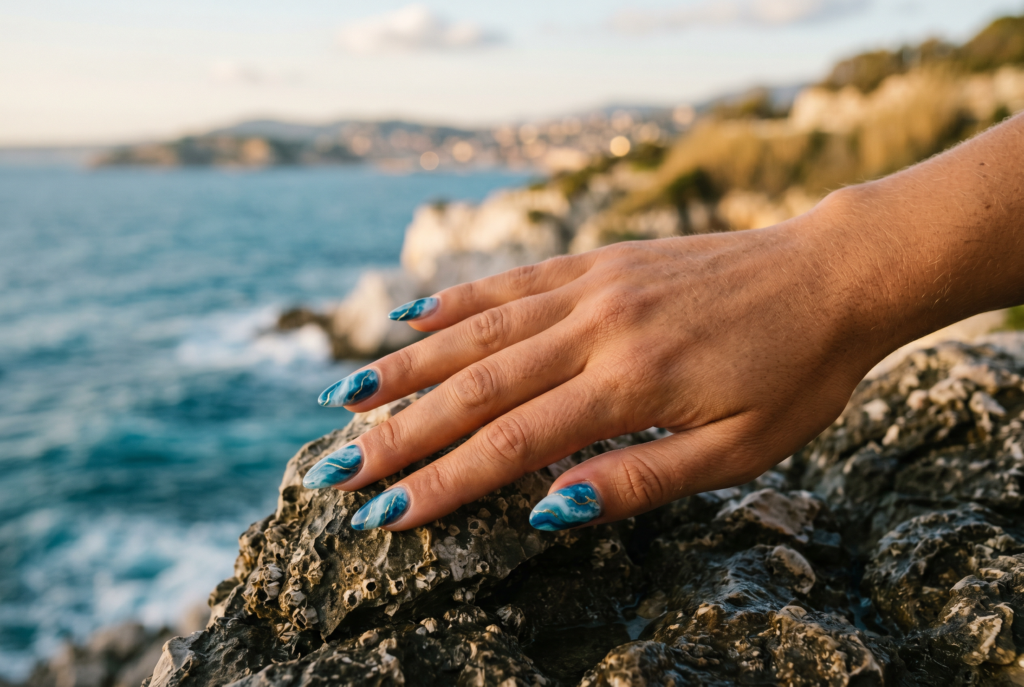 ongles semi permanent marbré bleu et blanc