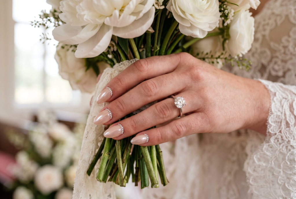 ongles semi permanent mariage milky avec strass